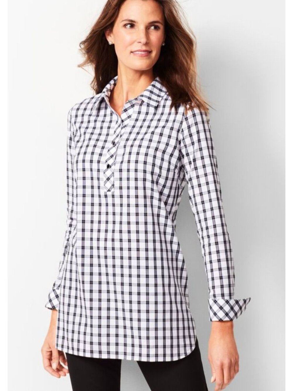 Talbots women's perfect tunic blouse scotch plaid black size 14 W plus non iron